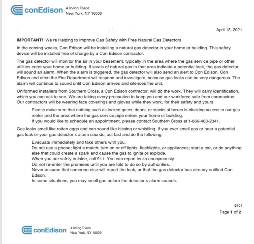 Con Edison installs free natural gas detectors for safety. If alarms sound, evacuate and call 911. Avoid potential ignition sources.