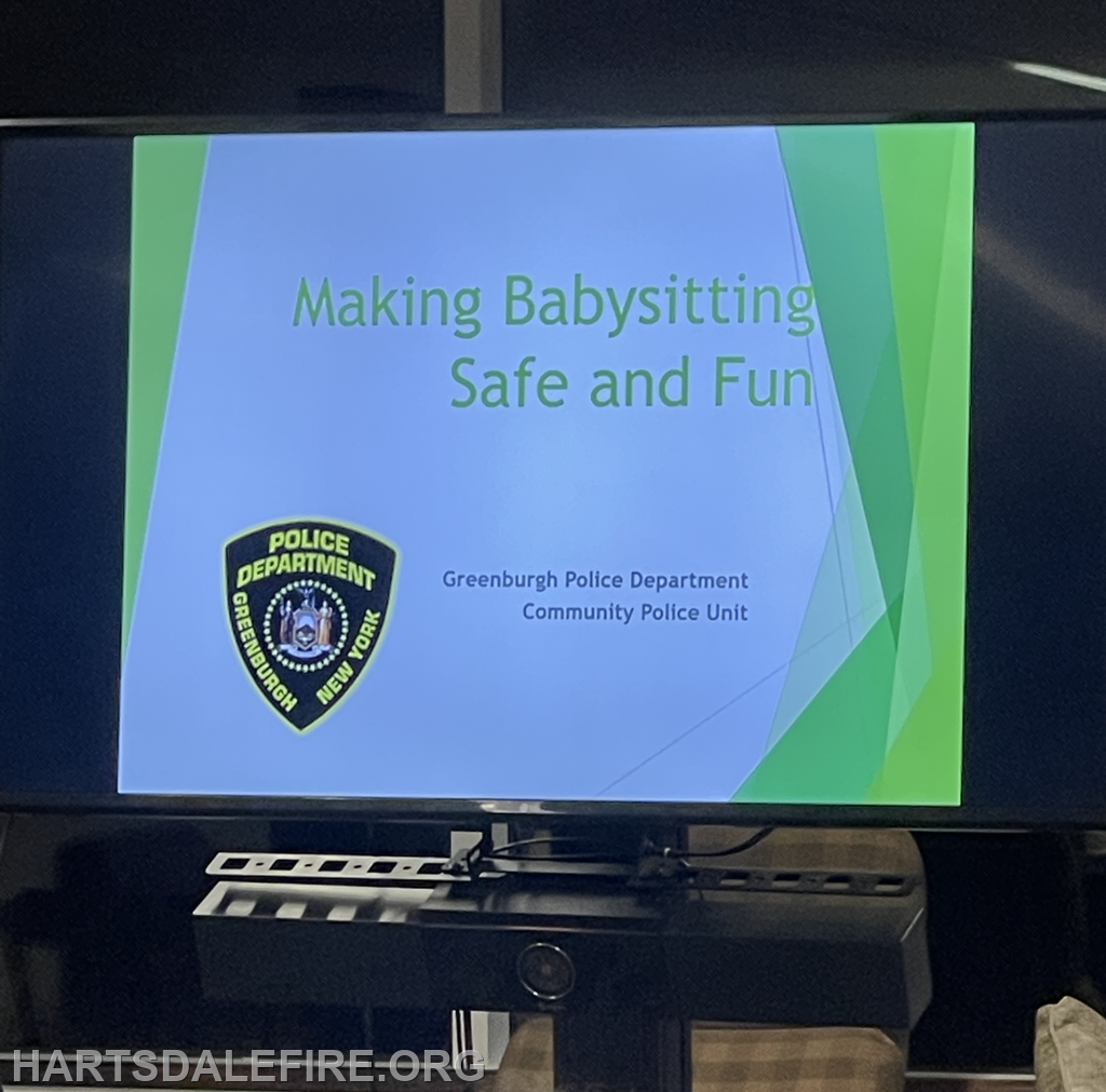 The image features a presentation titled "Making Babysitting Safe and Fun" by the Greenburgh Police Department's Community Police Unit.