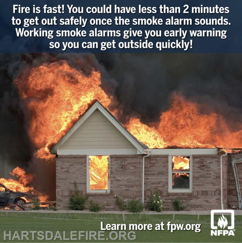 The image warns that fire spreads quickly; you may have less than 2 minutes to escape after a smoke alarm sounds.