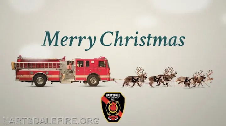 The image features a fire truck alongside reindeer, with the text "Merry Christmas," promoting holiday cheer.