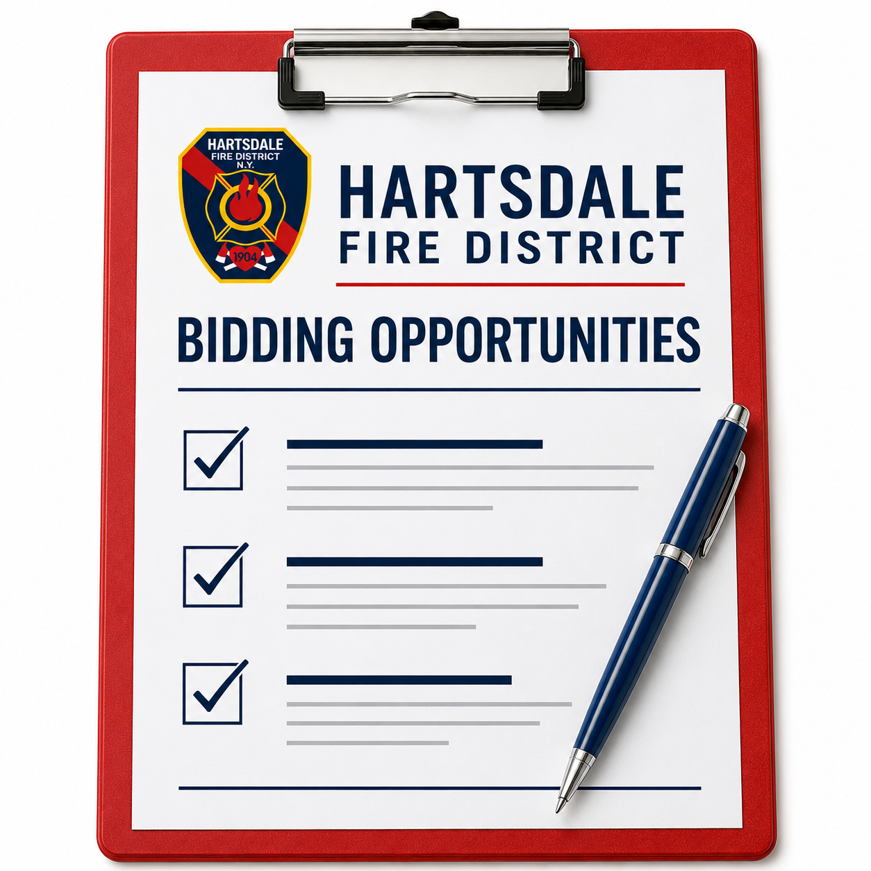 A clipboard featuring “Hartsdale Fire District” and a list titled “Bidding Opportunities” with checkboxes.