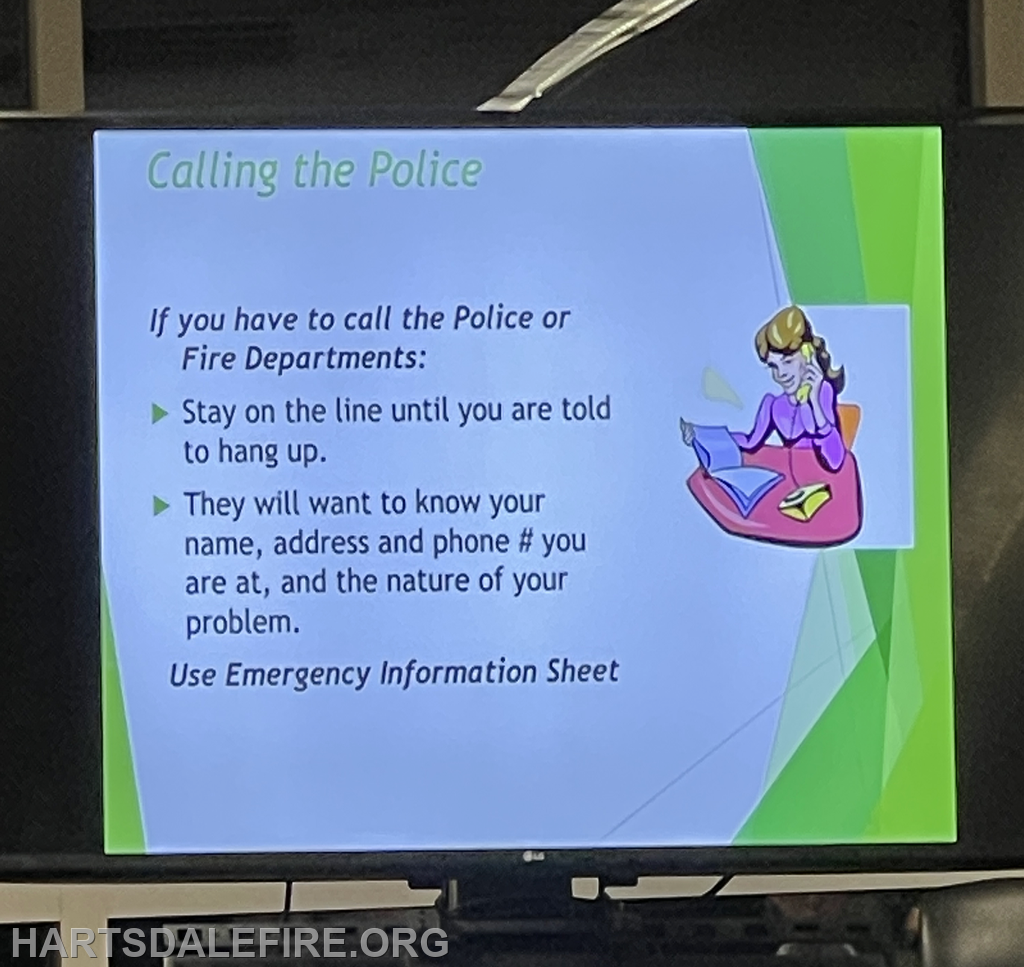 The image provides guidelines for calling the police or fire departments, emphasizing to stay on the line and provide personal details.