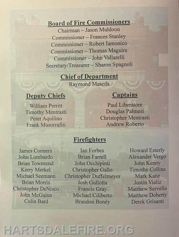 Board of Fire Commissioners, Chiefs, Captains, and Firefighters listed from the Hartsdale Fire Department.