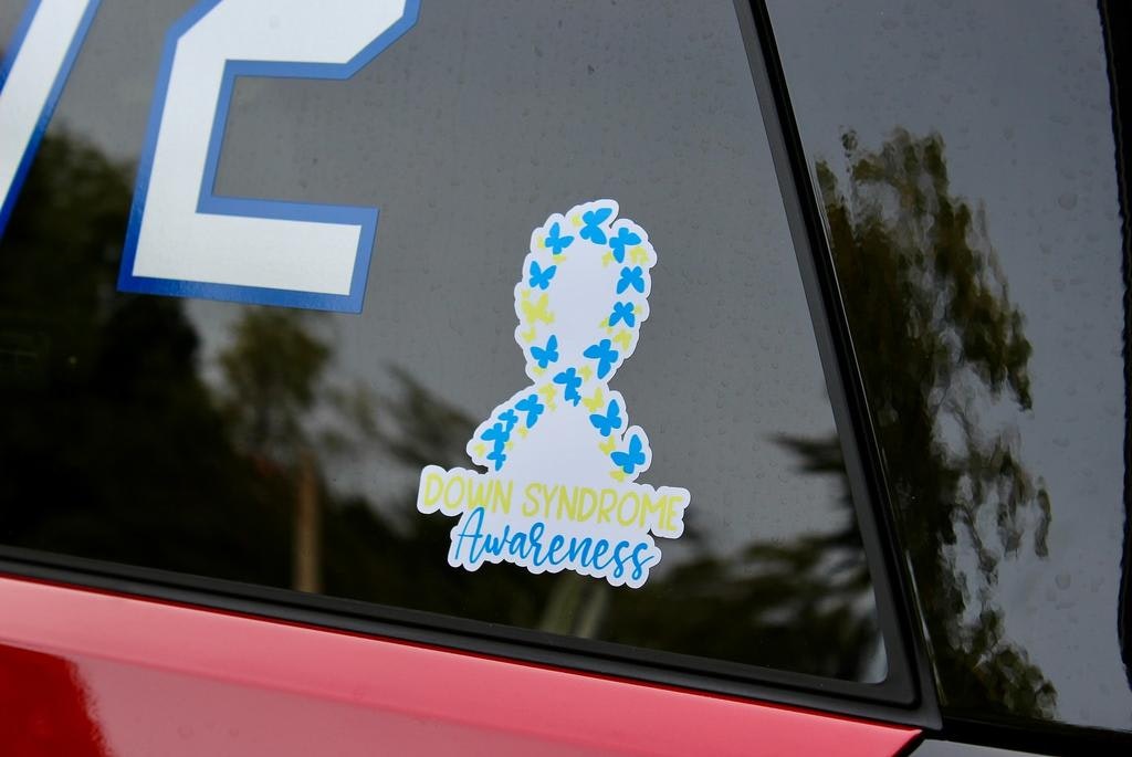 A car window decal promoting Down Syndrome awareness, featuring a colorful ribbon design.