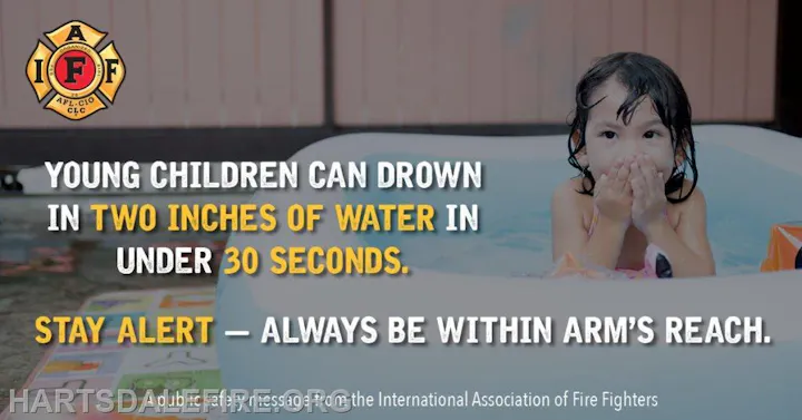 The image emphasizes that young children can drown in just two inches of water quickly. It urges vigilance and staying close.