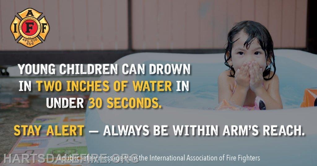 The image emphasizes that young children can drown in just two inches of water quickly. It urges vigilance and staying close.
