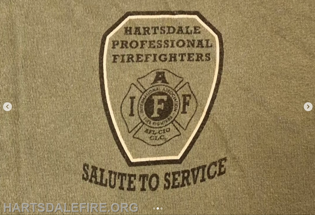 The image features a badge for Hartsdale Professional Firefighters with the phrase "Salute to Service."