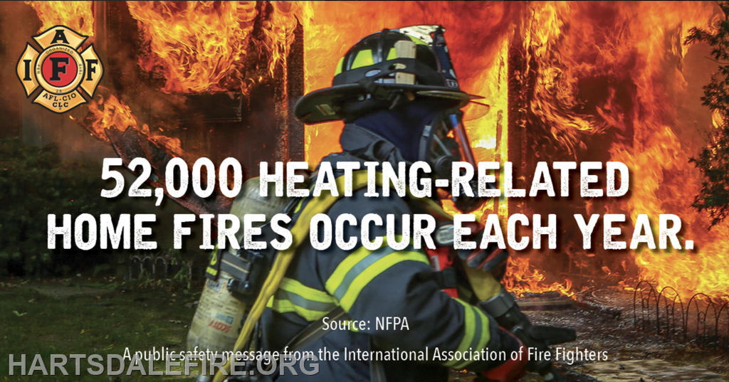 A firefighter responds to a home engulfed in flames, highlighting that 52,000 heating-related fires occur annually.