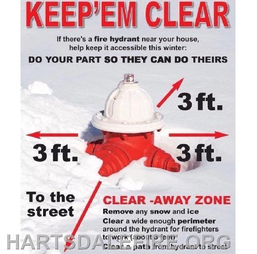 The image emphasizes the importance of keeping fire hydrants clear of snow and ice, with a three-foot clearance around them.