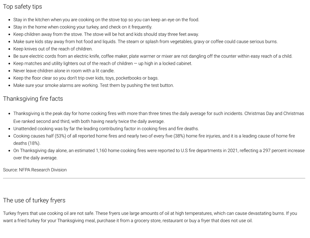 The image provides safety tips for cooking, Thanksgiving fire facts, and cautions against using oil in turkey fryers due to fire hazards.