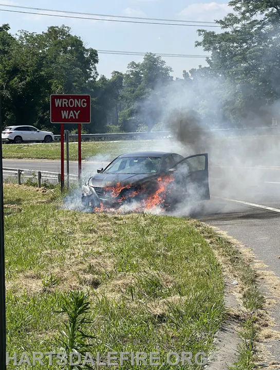 A car is on fire next to a "WRONG WAY" sign, with smoke billowing and flames visible.