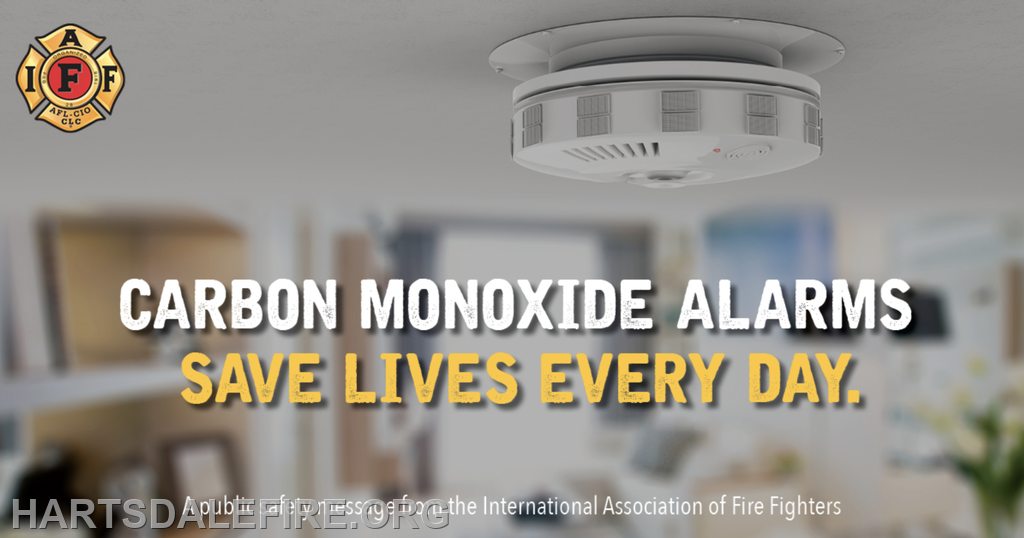 The image promotes carbon monoxide alarms, highlighting that they save lives every day, endorsed by the International Association of Fire Fighters.