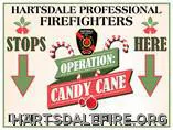 Hartsdale firefighters' Operation Candy Cane announcement with arrows and candy cane images.