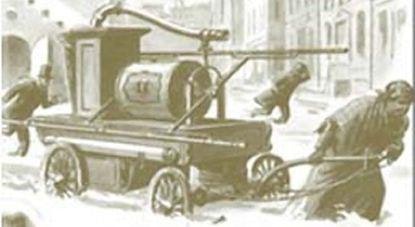 An old fire engine being pulled by people through flooded streets in a vintage illustration.