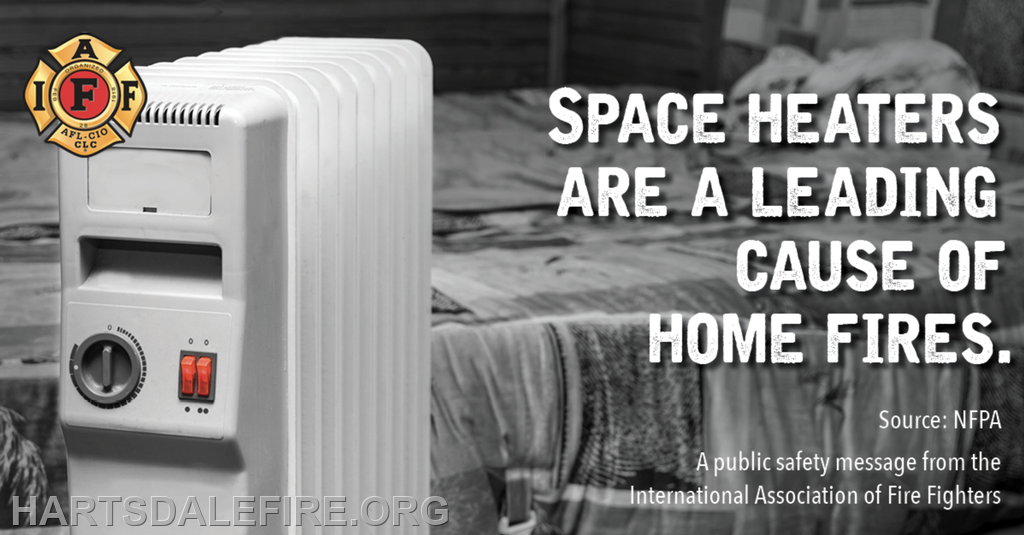 The image warns that space heaters are a leading cause of home fires, featuring a space heater and a safety message from firefighters.