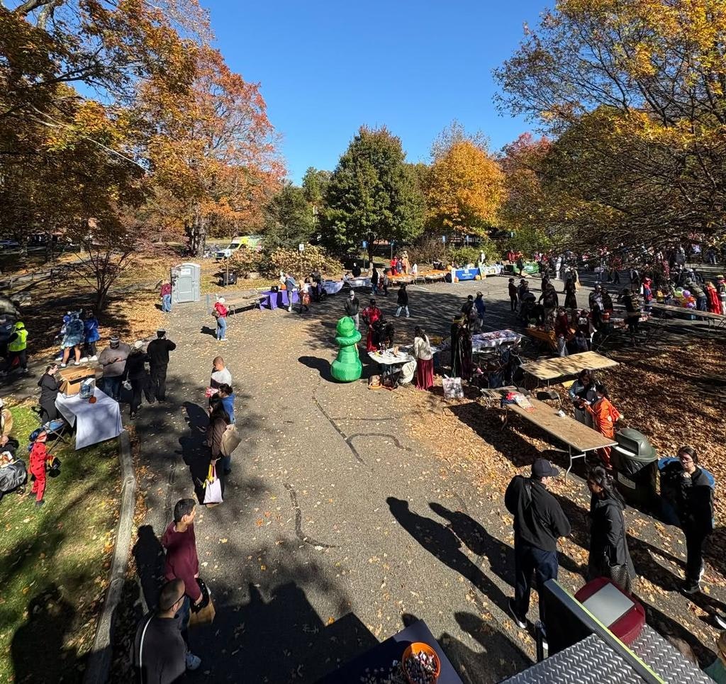 A lively outdoor event with people, vendors, colorful fall foliage, and activities amidst sunny weather.