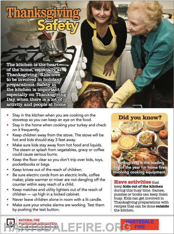 The image provides Thanksgiving kitchen safety tips, emphasizing monitoring cooking, keeping kids safe, and preventing accidents.