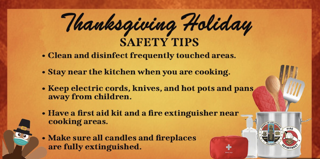 Thanksgiving safety tips: clean surfaces, stay near the kitchen, keep kids safe from hazards, have a first aid kit, and extinguish candles.