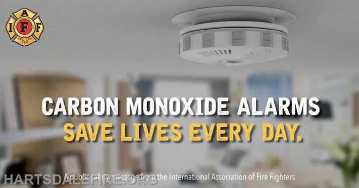 The image promotes carbon monoxide alarms, emphasizing that they save lives every day, along with a logo of a fire association.
