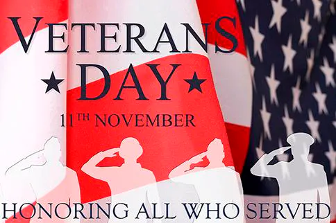 Veterans Day poster with saluting silhouettes, U.S. flag, and text "11th November, Honoring All Who Served."