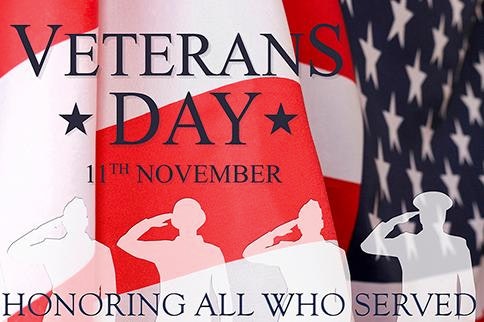 Veterans Day poster with saluting silhouettes, U.S. flag, and text "11th November, Honoring All Who Served."