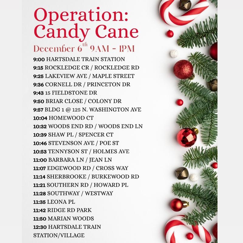 The image lists locations and times for "Operation: Candy Cane" on December 6th from 9 AM to 1 PM.