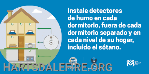 Diagram of a house with instructions in Spanish for installing smoke detectors in bedrooms and each home level, including the basement.