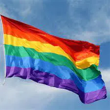 A rainbow flag waving against a blue sky.