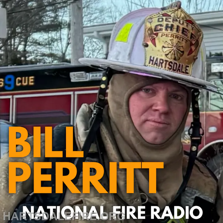 The image shows a firefighter in gear with a helmet marked "Deputy Chief Perritt" from Hartsdale, alongside a fire truck.