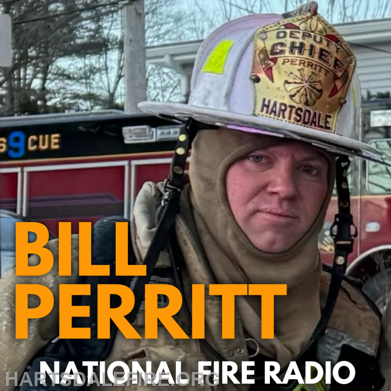 The image shows a firefighter in gear with a helmet marked "Deputy Chief Perritt" from Hartsdale, alongside a fire truck.