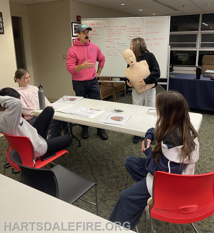 A group is participating in a training session, learning CPR with a mannequin, guided by an instructor.