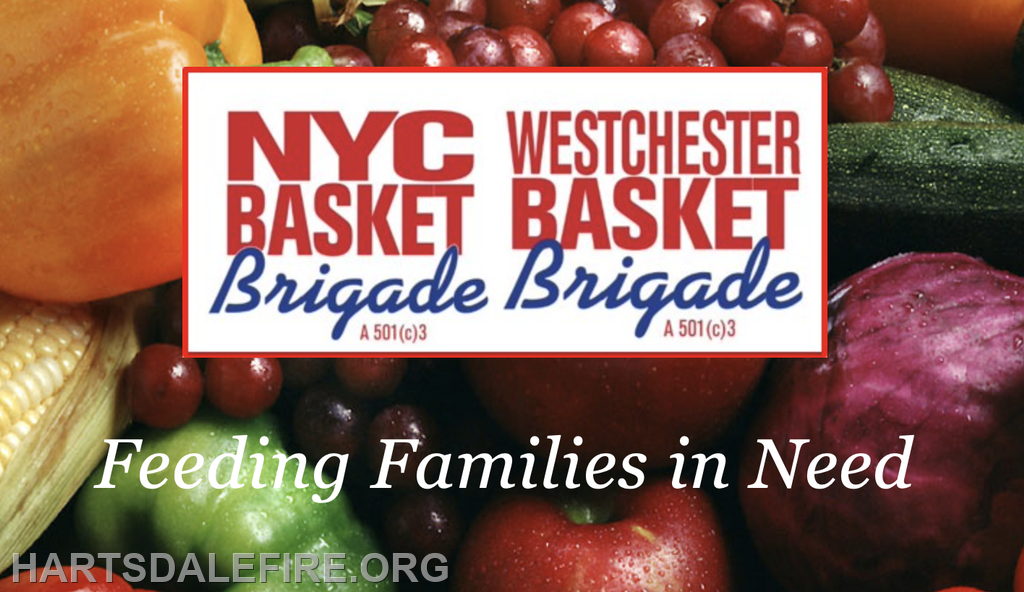 An image promoting the NYC and Westchester Basket Brigade, focused on feeding families in need, featuring colorful produce.