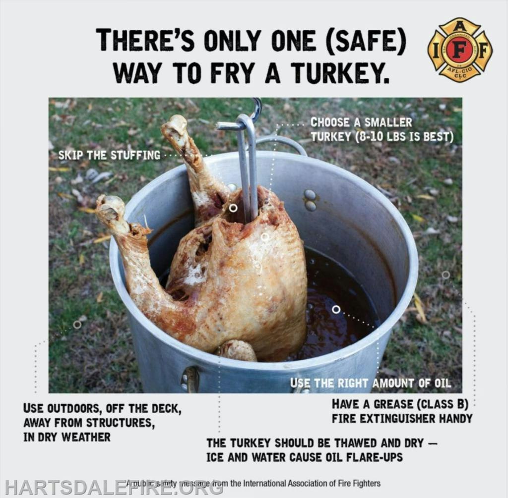 The image provides safety tips for frying a turkey, emphasizing using a small turkey outdoors, thawing it fully, and having a fire extinguisher ready.