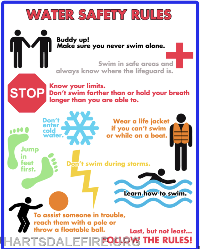The image lists water safety rules: buddy up, know limits, avoid cold water, wear life jackets, and don’t swim during storms.