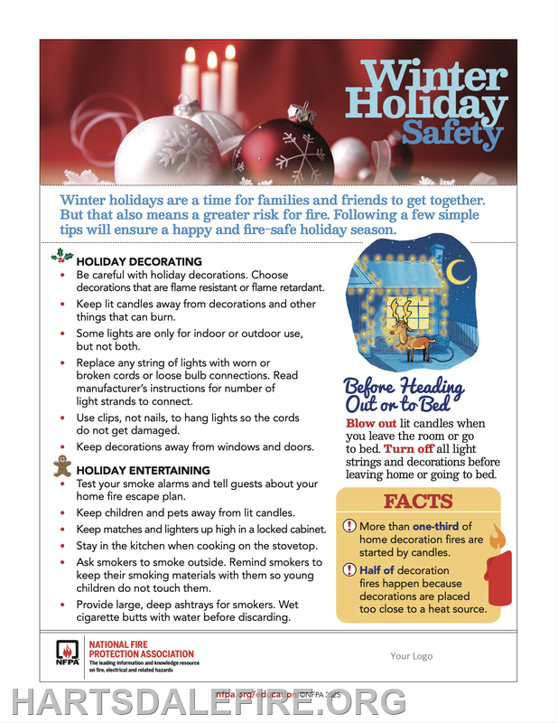 The image provides winter holiday safety tips, focusing on fire prevention during decorating and entertaining at home.
