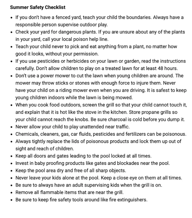 Summer safety tips: supervise kids, check plants, avoid pesticides, secure pools, lock chemicals, and ensure grill safety.