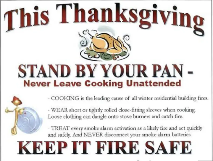 The image emphasizes Thanksgiving fire safety, urging to "Stand By Your Pan" and detailing risks of unattended cooking and loose clothing.