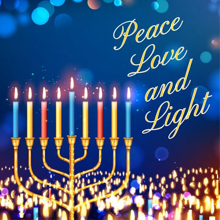 A menorah with lit candles and the text "Peace Love and Light" against a blue, blurred light background.