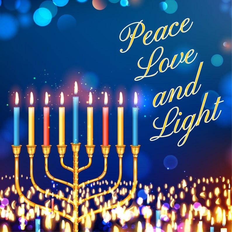 A menorah with lit candles and the text "Peace Love and Light" against a blue, blurred light background.
