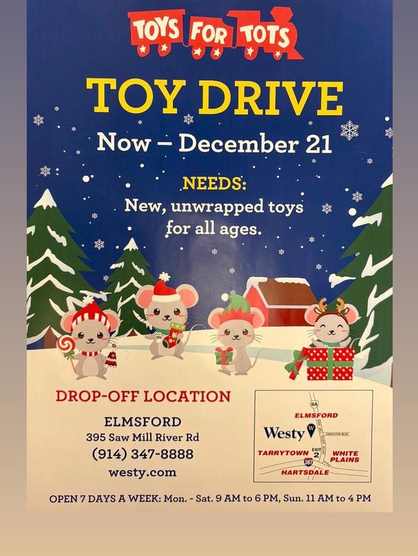 Toy drive for Toys for Tots, collecting new, unwrapped toys until December 21 at Westy in Elmsford.