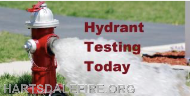 The image shows a fire hydrant with water flowing from it, accompanied by the text "Hydrant Testing Today."