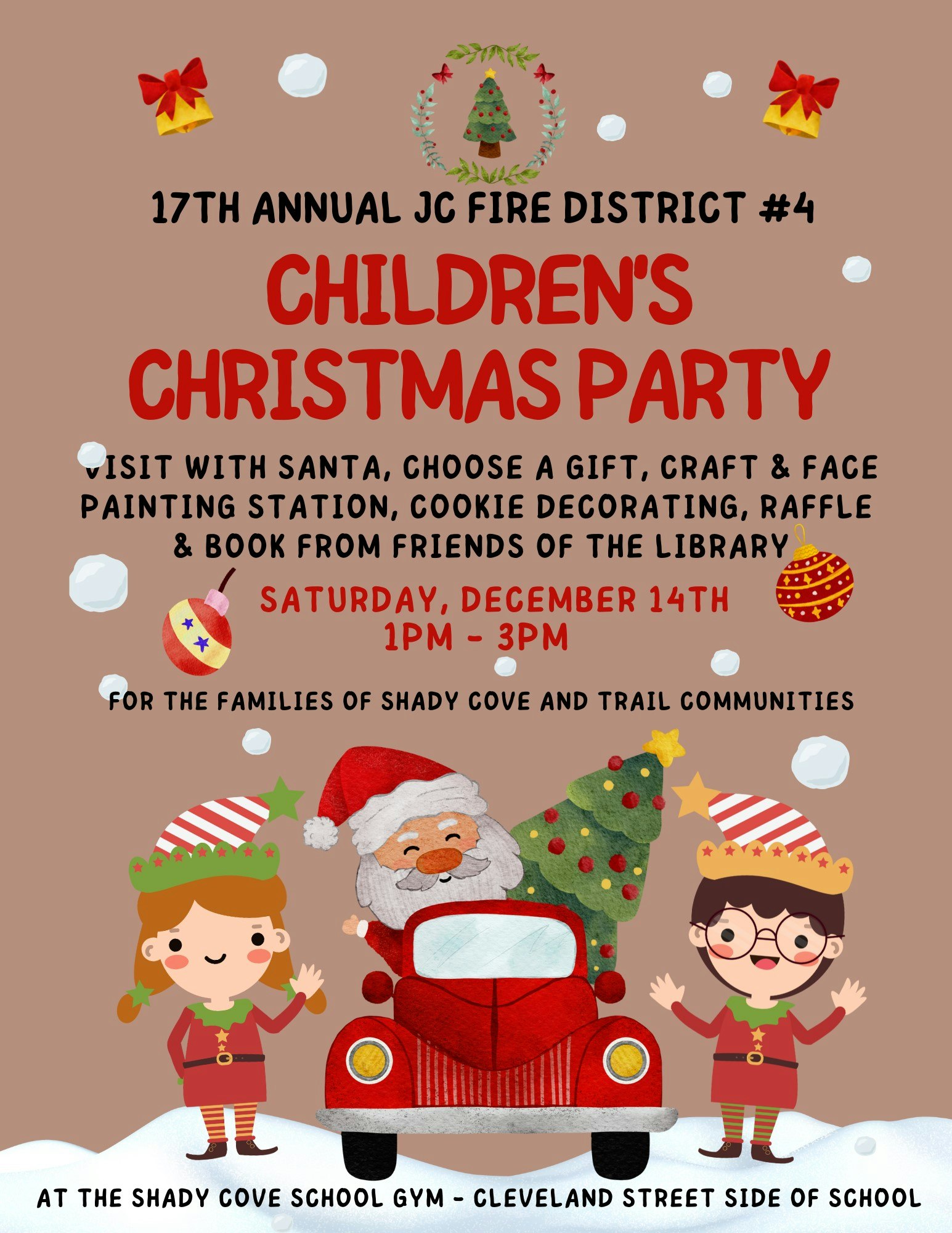 Christmas party invite with Santa, gifts, and activities on Dec 14, 1-3 PM at Shady Cove School Gym for local families.