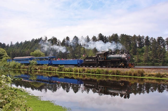 May contain: locomotive, train, railway, vehicle, transportation, scenery, outdoors, nature, engine, motor, machine, and person