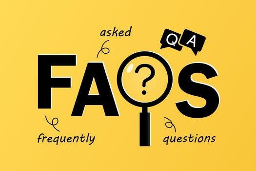 The image features "FAQs" with the phrase "Frequently Asked Questions" and a magnifying glass graphic, set against a yellow background.