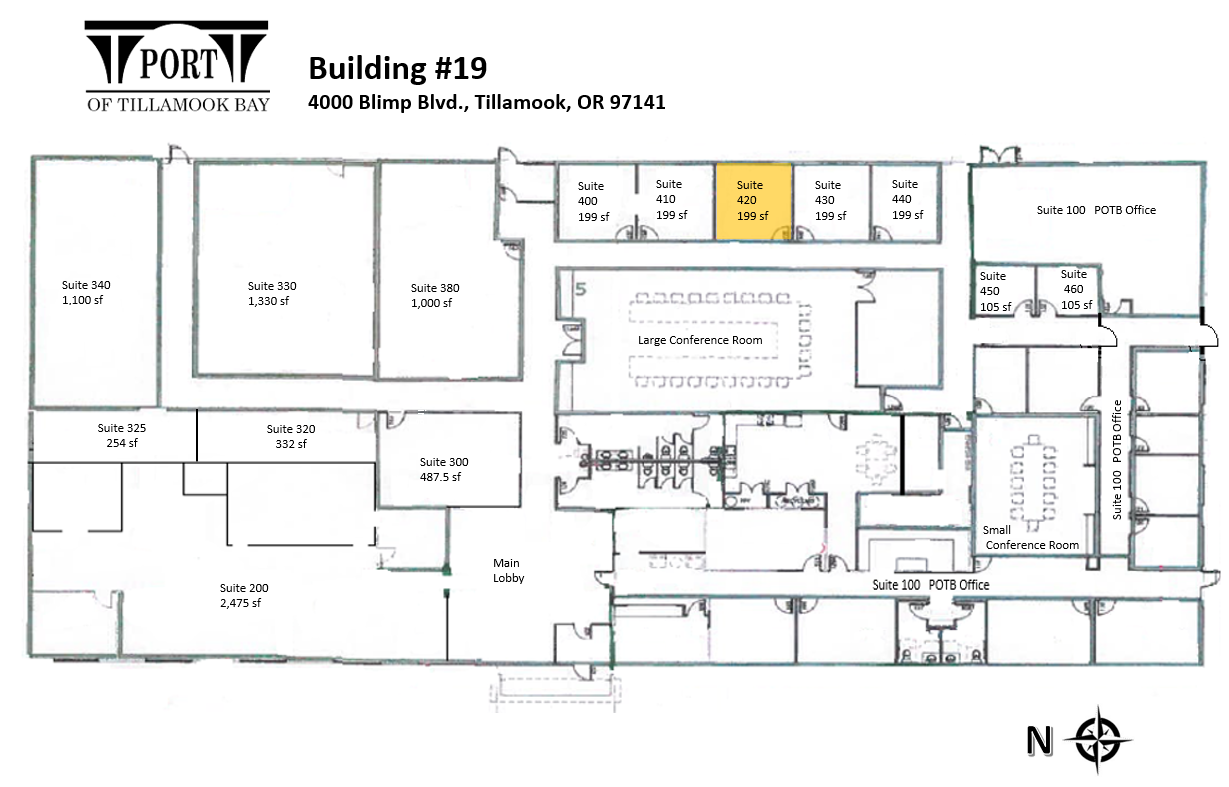 Floor plan of Building #19, Port of Tillamook Bay, with labeled suites, offices, and conference rooms.