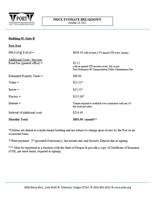 Price estimate for Building #5, Suite B at Port of Tillamook. Monthly total: $853.50 including rent, taxes, water, sewer, and electric.