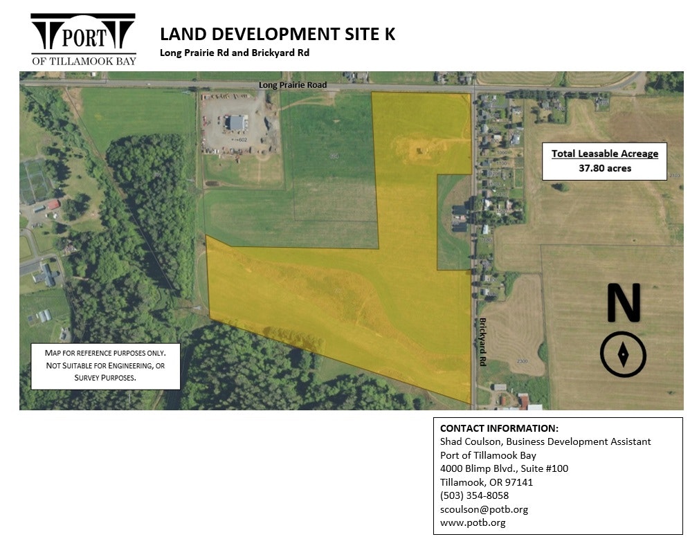 Land Development Site K, 37.80 acres at Port of Tillamook Bay. Map shows address and contact info.