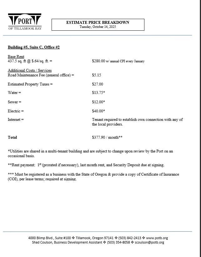 Estimate price breakdown for office rent at Port of Tillamook Bay, total $377.90/month including additional costs.