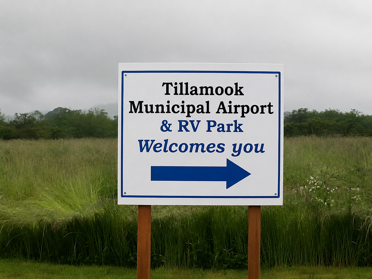 A sign for Tillamook Municipal Airport & RV Park, welcoming visitors with an arrow pointing to the left.