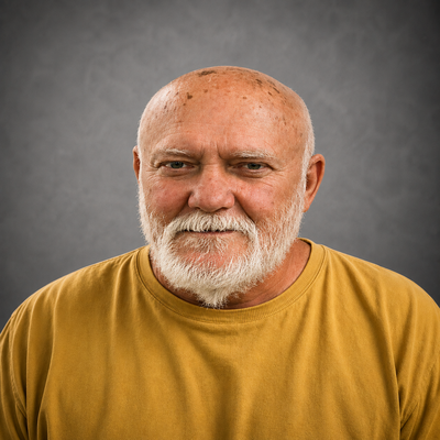 The image features an older man with a beard, smiling, wearing a yellow shirt, set against a grey background.